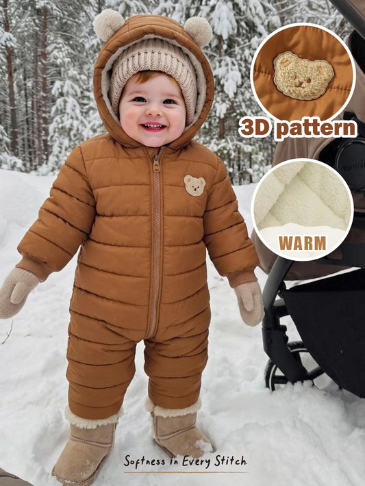 Baby Boy Cartoon Bear Patch Fleece Hooded Plush 3D Ears Padded Jumpsuit