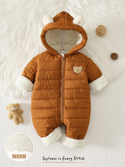 Baby Boy Cartoon Bear Patch Fleece Hooded Plush 3D Ears Padded Jumpsuit