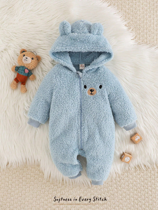 Cozy Pixies Baby Boy Cartoon Bear Pattern Ear Hooded Thicker Romper Apricot