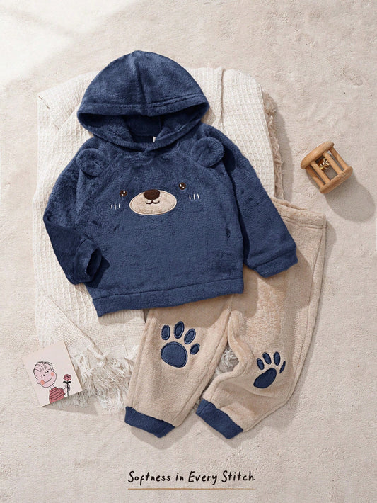Baby Boy Bear Pattern Fleece Lined Pullover Top And Long Pants 2-Piece Set