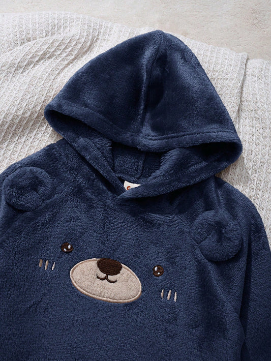 Baby Boy Bear Pattern Fleece Lined Pullover Top And Long Pants 2-Piece Set
