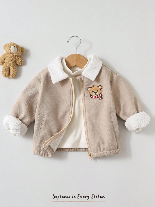 Baby Boy Cartoon Bear Thermal Lined Thick Collar Pocket Long Sleeve Jacket Khaki
