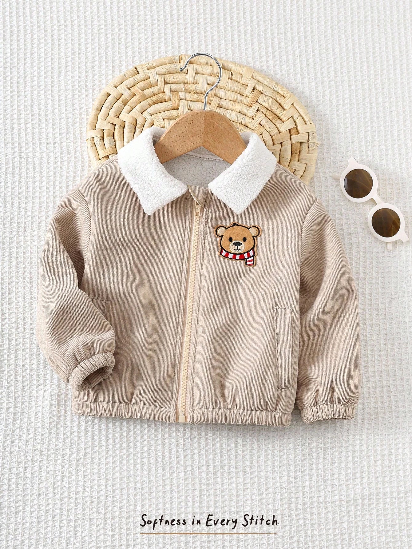 Baby Boy Cartoon Bear Thermal Lined Thick Collar Pocket Long Sleeve Jacket