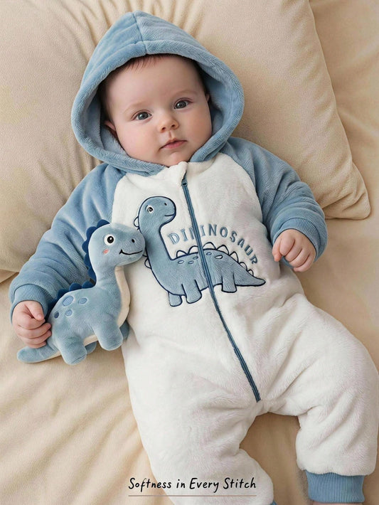 Dinosaur Pattern Thermal Lined Color block Hooded One-Piece Autumn Winter Jumpsuit
