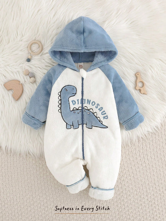 Dinosaur Pattern Thermal Lined Color block Hooded One-Piece Autumn Winter Jumpsuit