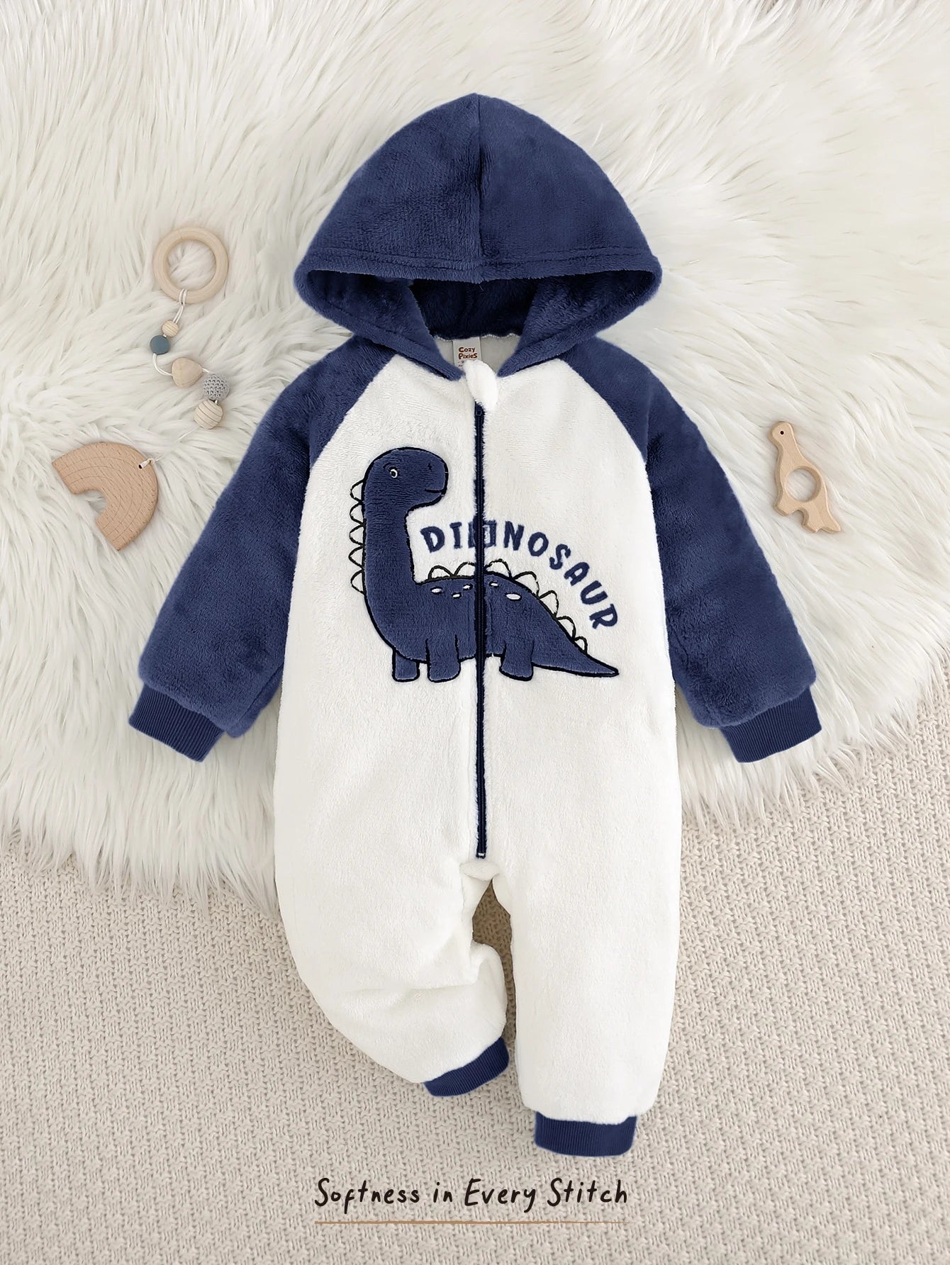 Dinosaur Pattern Thermal Lined Color block Hooded One-Piece Autumn Winter Jumpsuit
