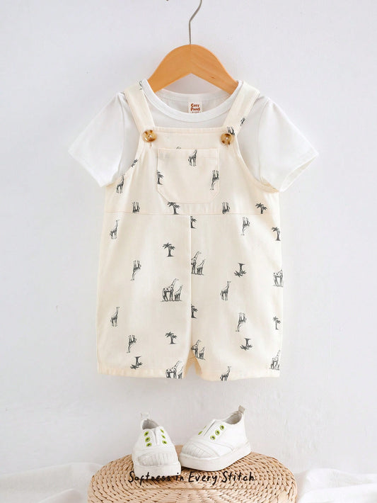 Cute Giraffe Print T-Shirt & Bib Overalls Shorts Set