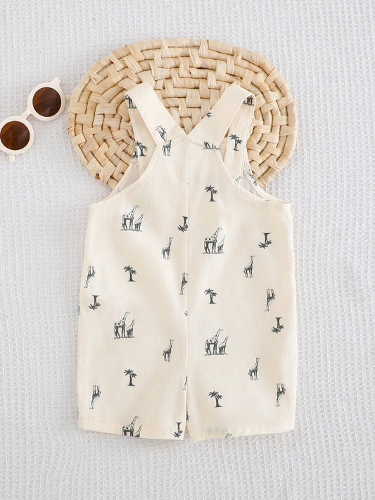 Cute Giraffe Print T-Shirt & Bib Overalls Shorts Set