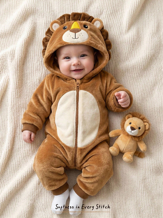 Lion Pattern Thermal Lined Thick Hooded Zip-Up Long Sleeve One-Piece Winter Jumpsuit
