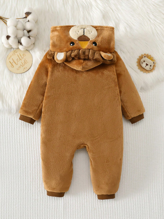 Lion Pattern Thermal Lined Thick Hooded Zip-Up Long Sleeve One-Piece Winter Jumpsuit