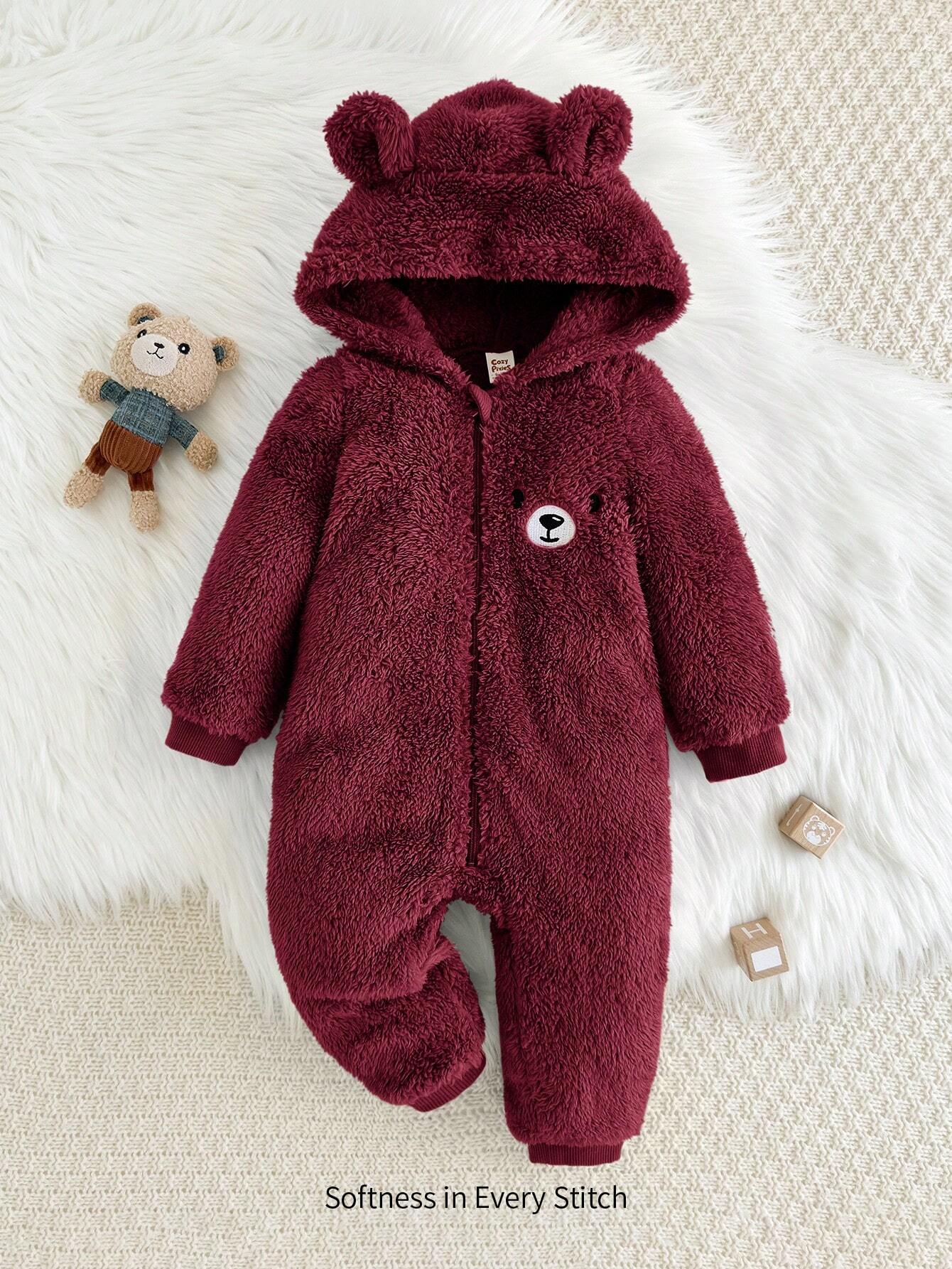 Cozy Pixies Baby Boy Cartoon Bear Pattern Ear Hooded Thicker Romper Burgundy