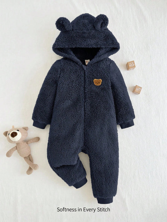 Baby Boy Cartoon Rabbit Ear Hooded Thick Jumpsuit Pants