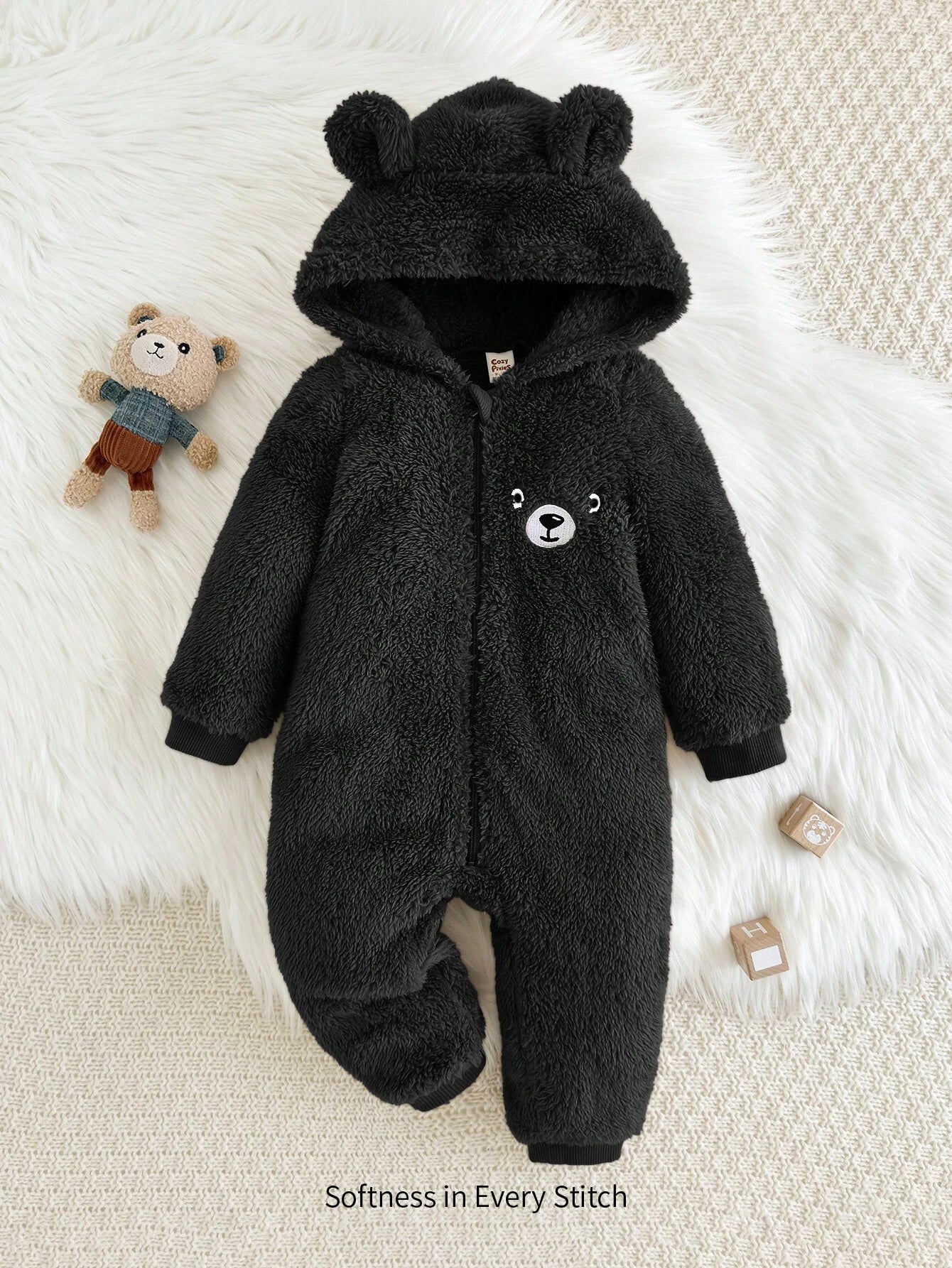 Cozy Pixies Baby Boy Cartoon Bear Pattern Ear Hooded Thicker Romper Black
