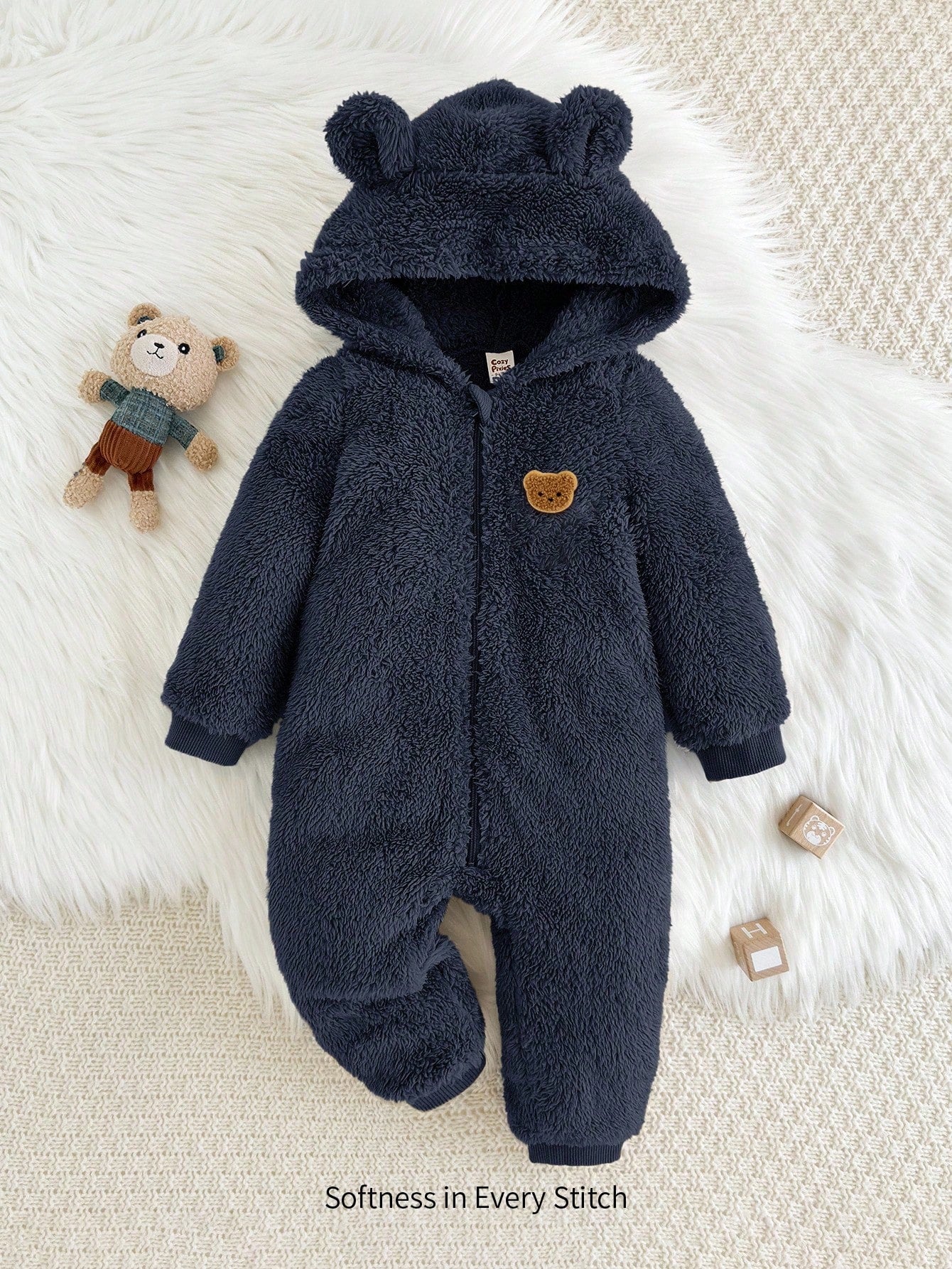 Cozy Pixies Baby Boy Cartoon Bear Pattern Ear Hooded Thicker Romper Navy Blue