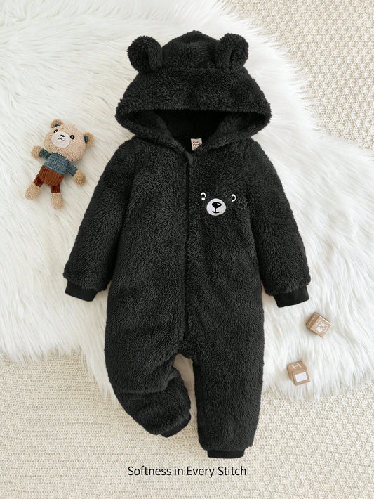 Cozy Pixies Baby Boy Cartoon Bear Pattern Ear Hooded Thicker Romper Black