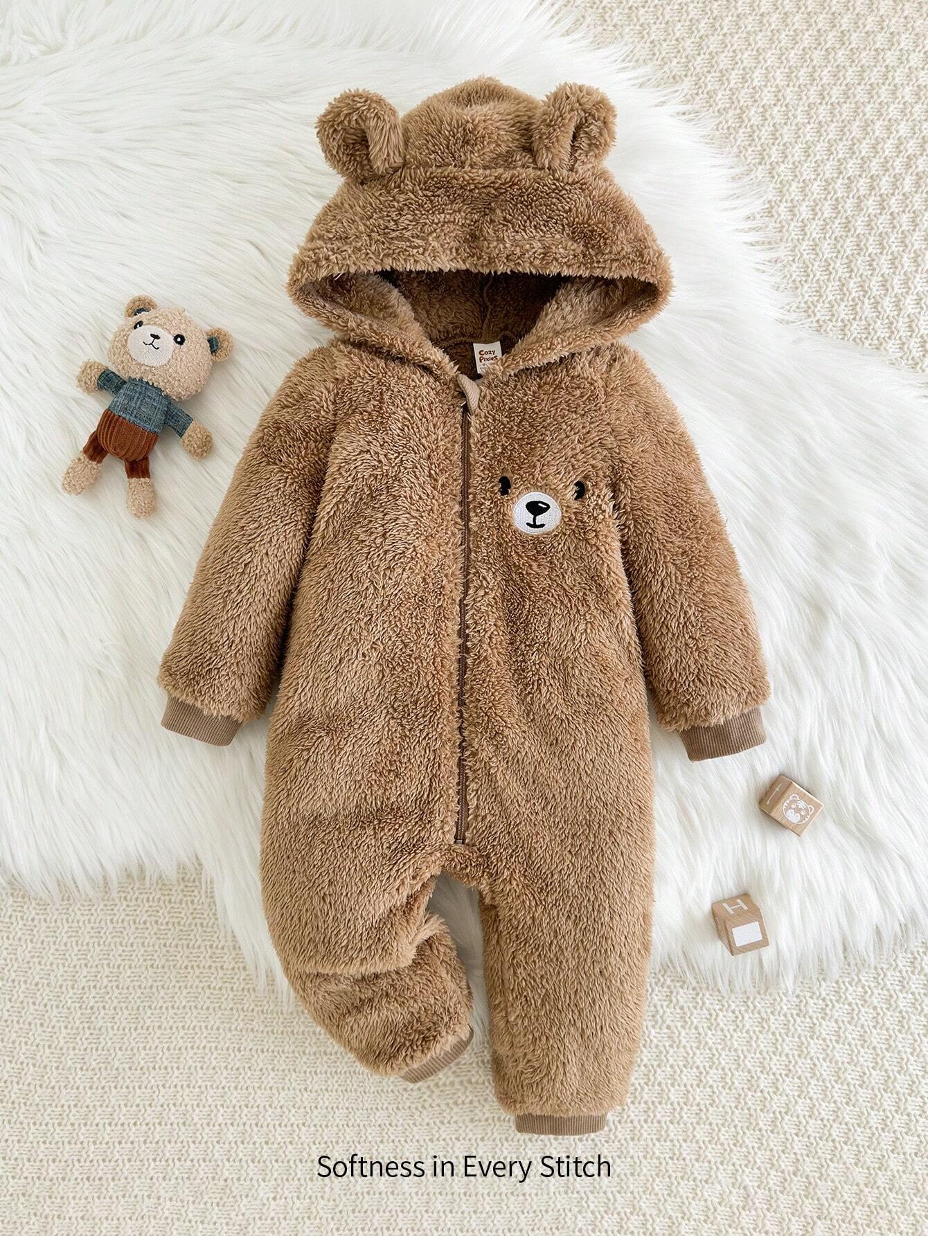 Cozy Pixies Baby Boy Cartoon Bear Pattern Ear Hooded Thicker Romper Brown