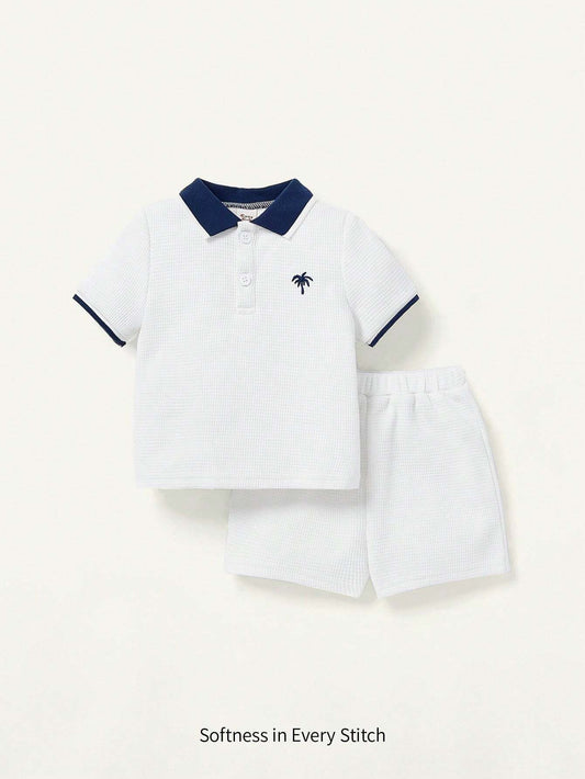 Baby Boy Coconut Tree Embroidery Contrast Collar Top Shorts Set