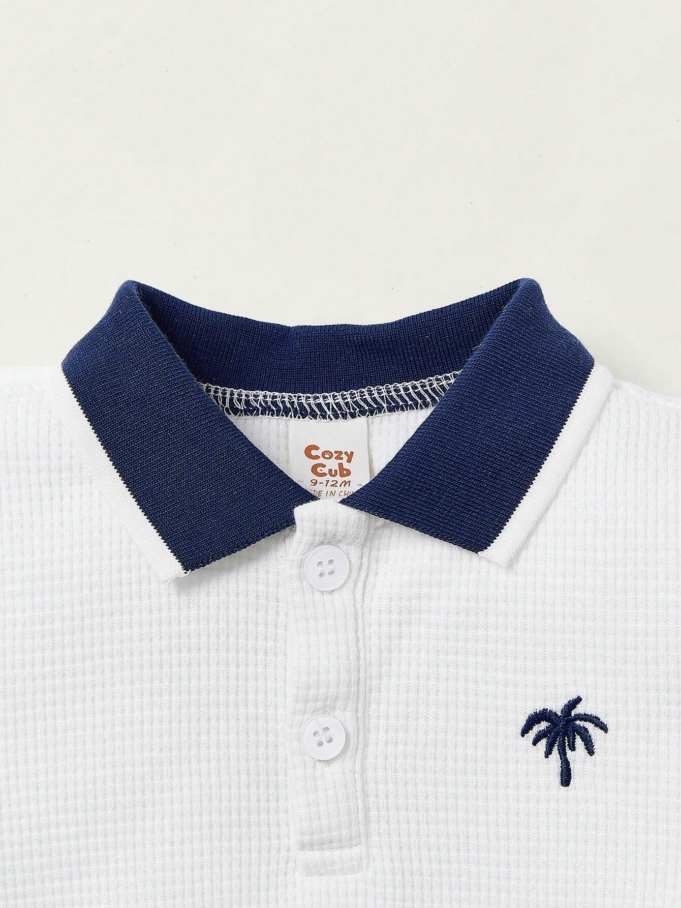 Baby Boy Coconut Tree Embroidery Contrast Collar Top Shorts Set