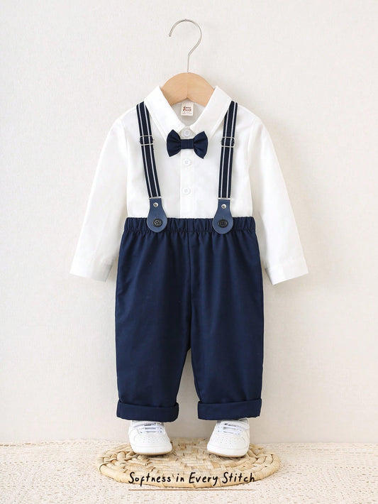 Baby Boy Contrast Color Bow Tie Stand Collar Long Sleeve Cardigan Shirt Top Paired With Adjustable Bib Overalls Pants Multicolor