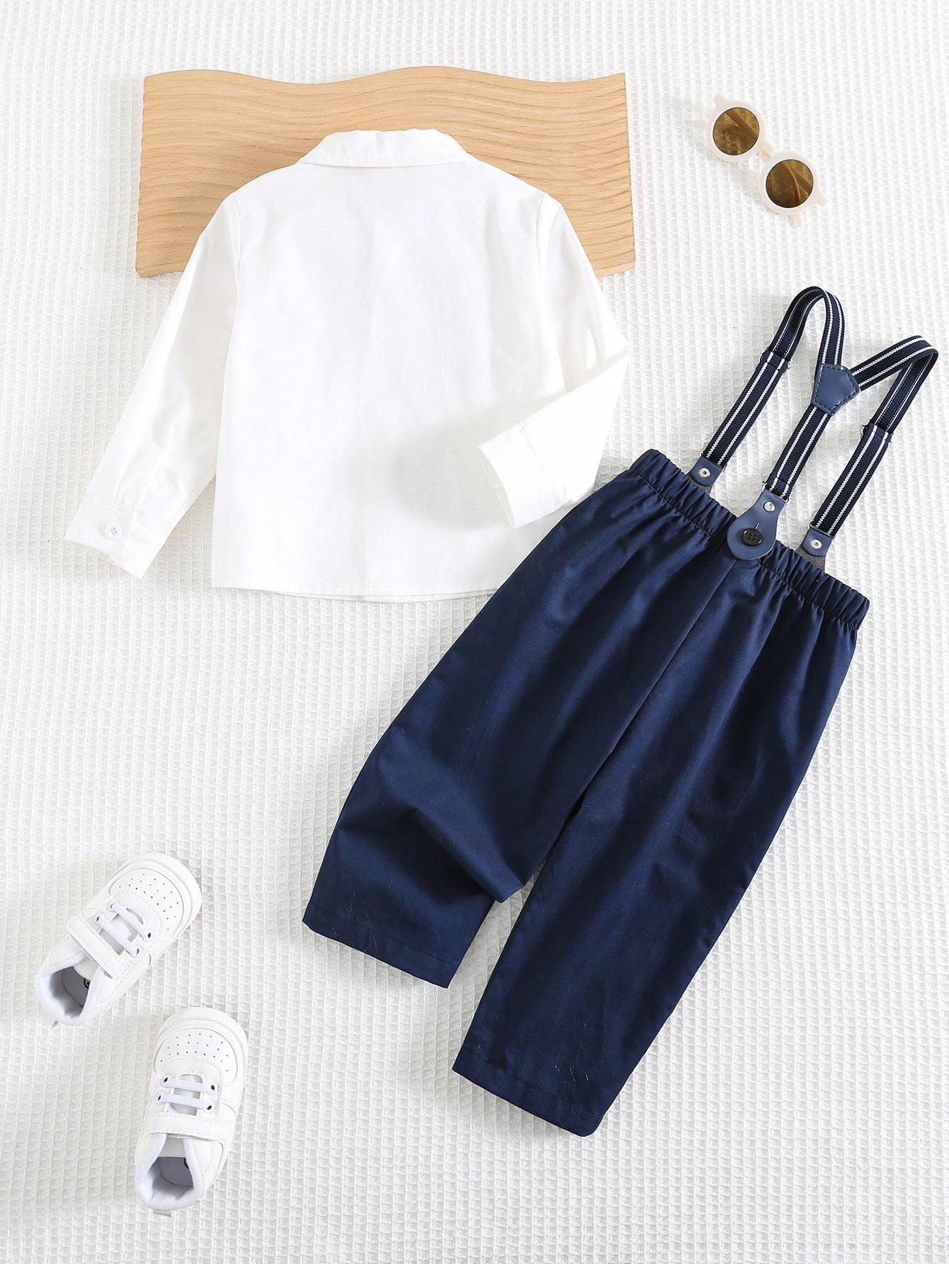 Baby Boy Contrast Color Bow Tie Stand Collar Long Sleeve Cardigan Shirt Top Paired With Adjustable Bib Overalls Pants