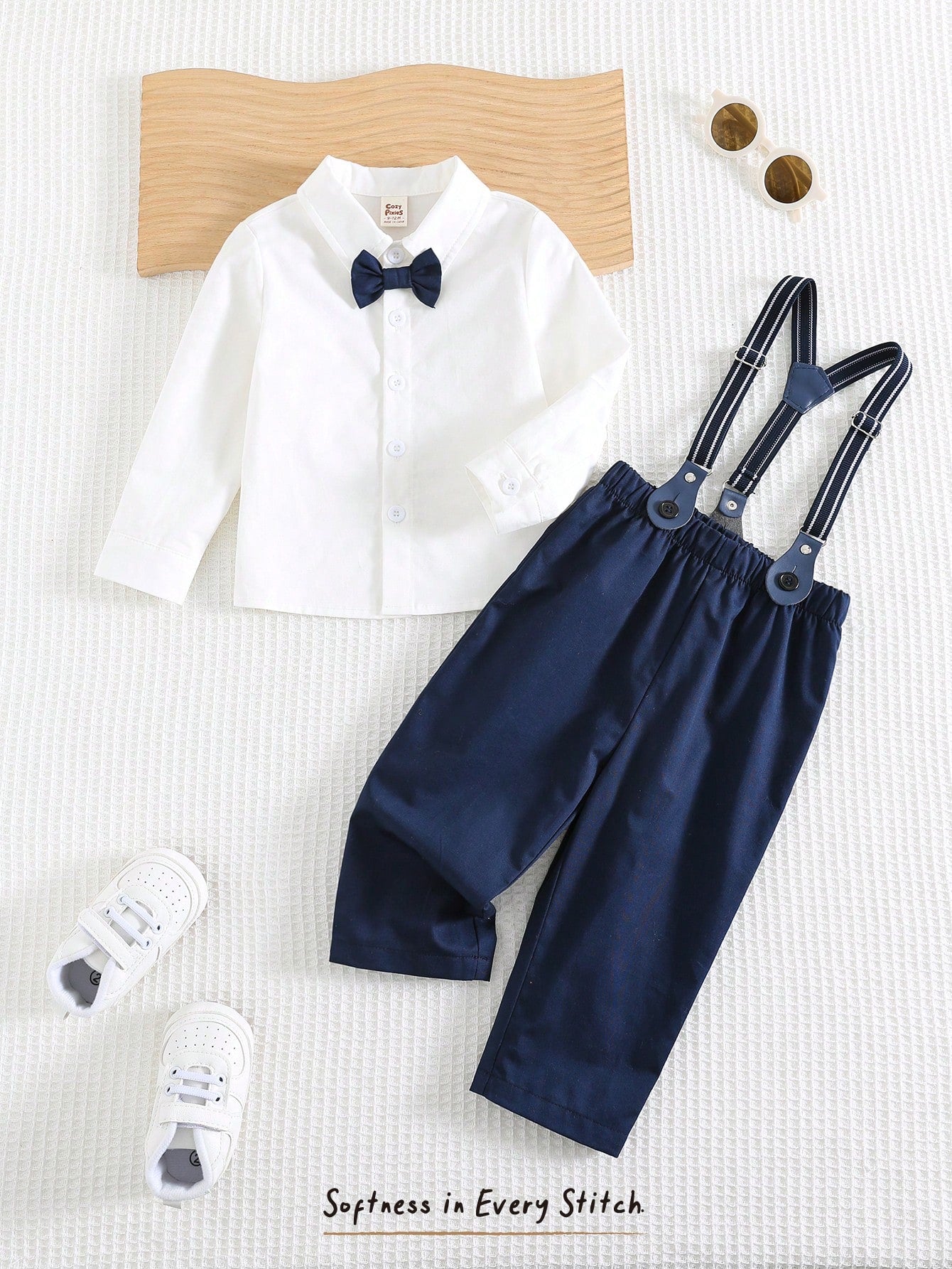 Baby Boy Contrast Color Bow Tie Stand Collar Long Sleeve Cardigan Shirt Top Paired With Adjustable Bib Overalls Pants