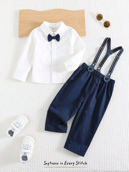 Baby Boy Contrast Color Bow Tie Stand Collar Long Sleeve Cardigan Shirt Top Paired With Adjustable Bib Overalls Pants
