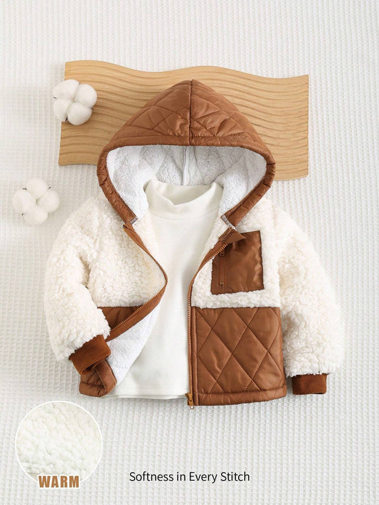 Cozy Pixies Baby Boy Contrast Color Hooded Thermal Lined Cardigan Brown