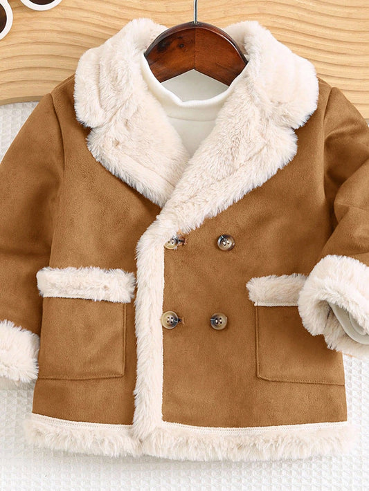Baby Boy Faux Fur Collar Double-Breasted Fleece Jacket-S