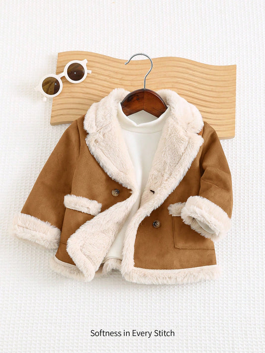 Cozy Pixies Baby Boy Faux Fur Collar Double-Breasted Fleece Jacket Multicolor