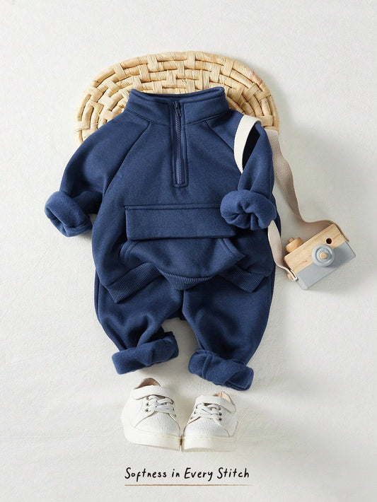 Baby Boy Half Zip Raglan Sleeve Flap Pocket Sweatshirt & Sweatpants Blue