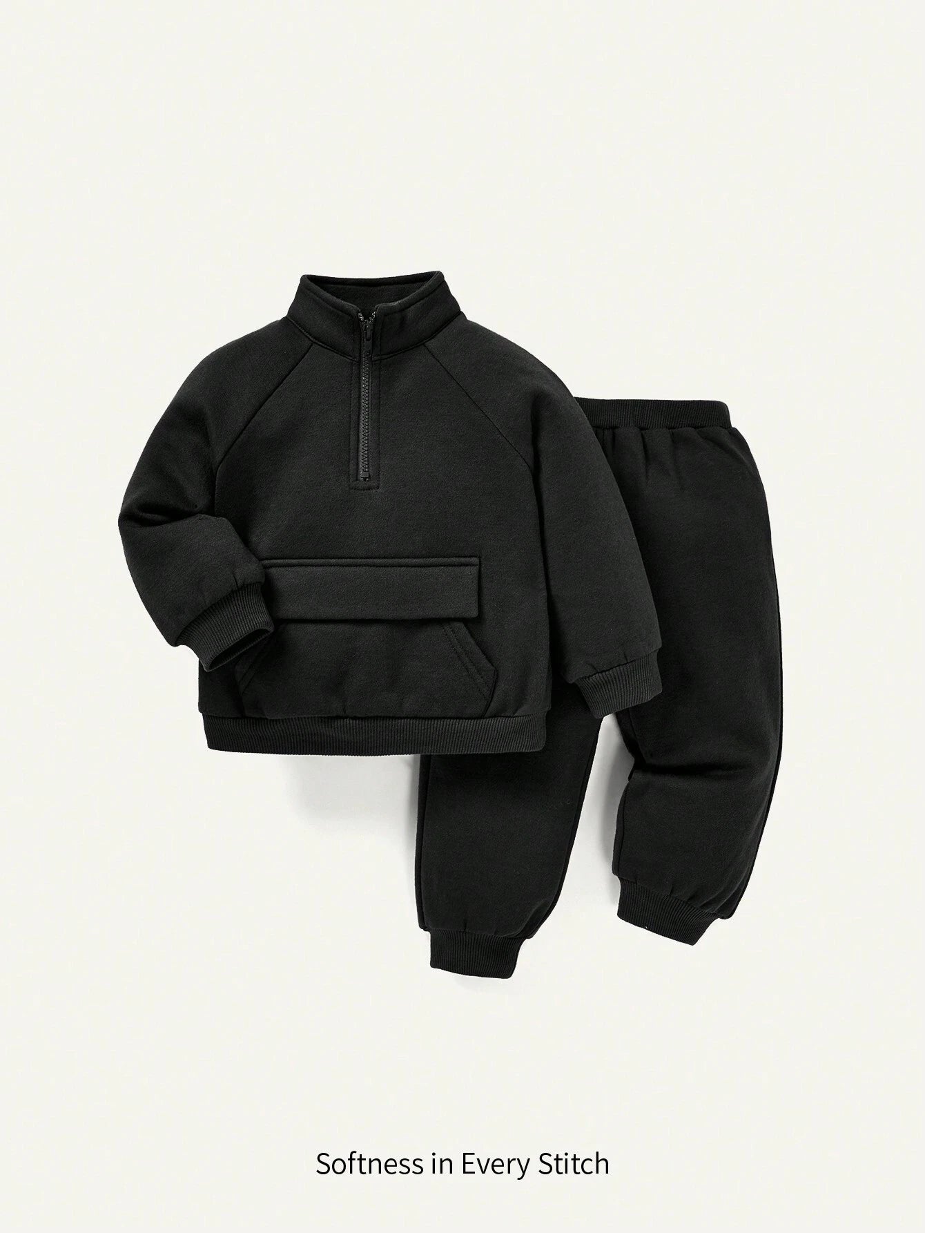 Baby Boy Half Zip Raglan Sleeve Flap Pocket Sweatshirt & Sweatpants Black