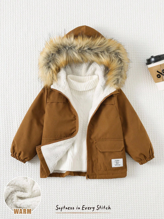 Baby Boy Hooded Fur Collar Thermal Lined Windbreaker Jacket