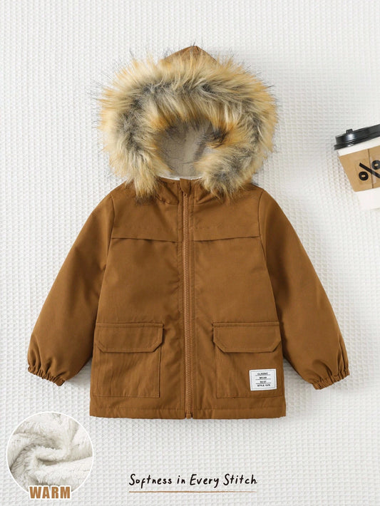 Baby Boy Hooded Fur Collar Thermal Lined Windbreaker Jacket