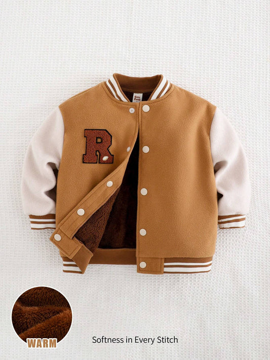 Cozy Pixies Baby Boy Letter Pattern Contrast Color Soft Knit Crew Neck Long Sleeve Jacket Khaki