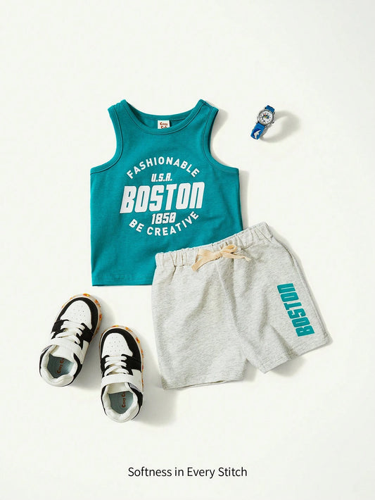 Baby Boy Letter Print Tank Top And Casual Shorts Set
