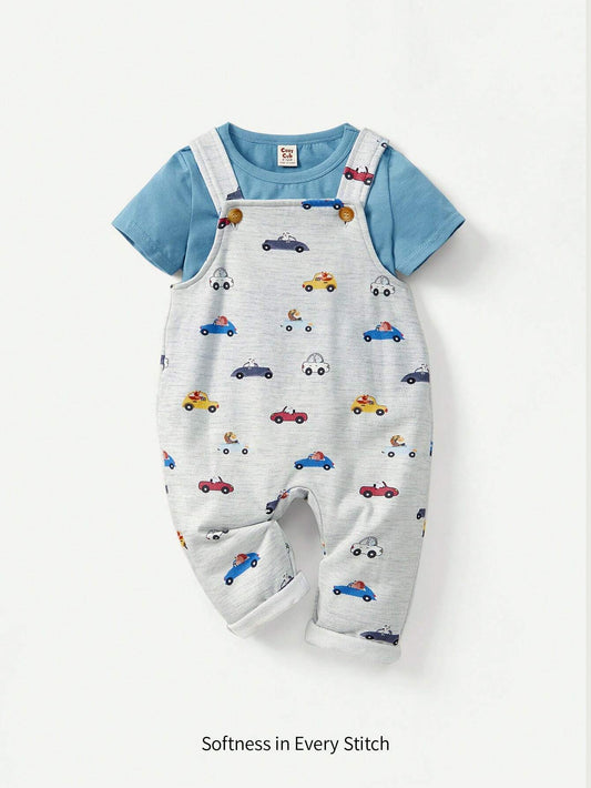 Baby Boy Solid Color Round Neck Short-Sleeved T-Shirt Cartoon Animal Pattern Suspenders Trousers