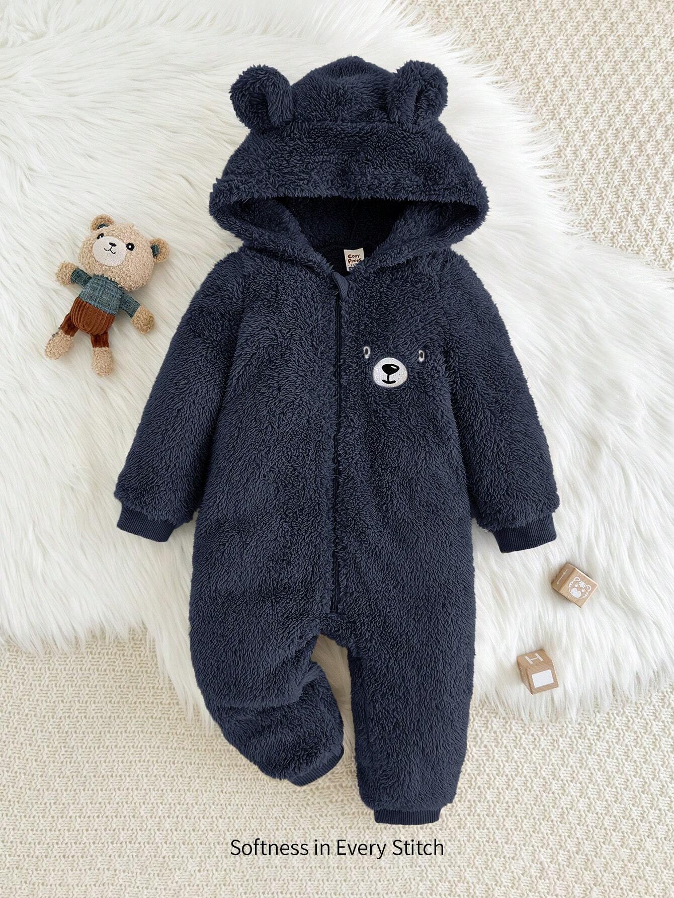 Cozy Pixies Baby Boy Cartoon Bear Pattern Ear Hooded Thicker Romper Navy Blue 2