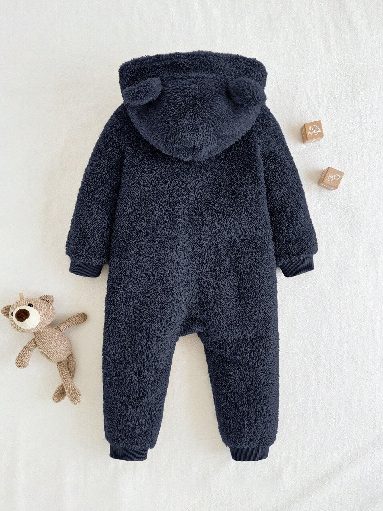 Cozy Pixies Baby Boy Cartoon Bear Pattern Ear Hooded Thicker Romper