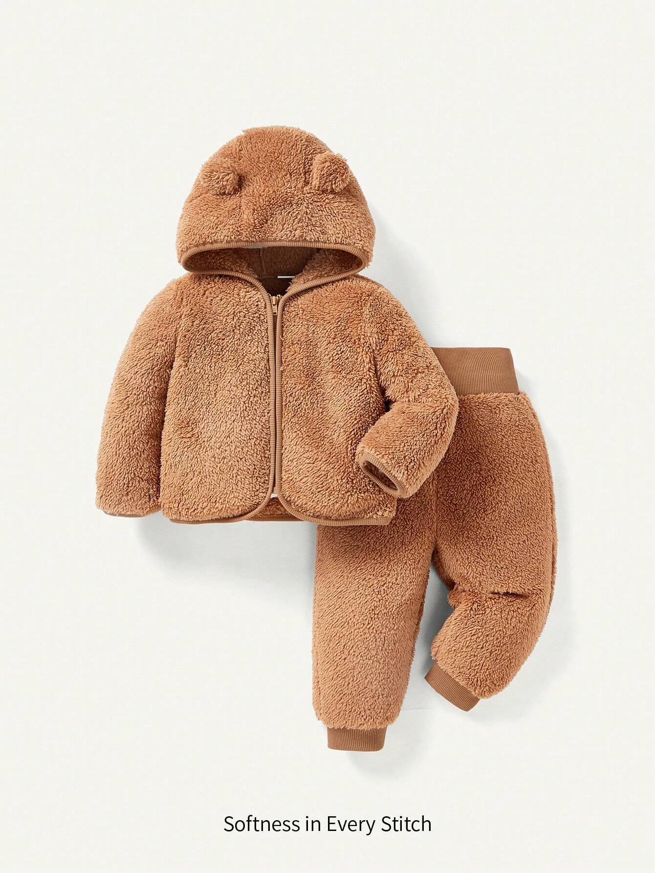 Cozy Pixies 2pcs Baby Girl Hooded Fleece Jacket And Thick Pants Set Khaki