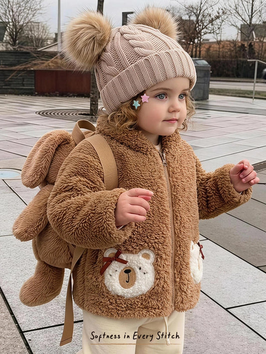Knitted Cute Faux Fur Bear Pattern Cardigan Jacket