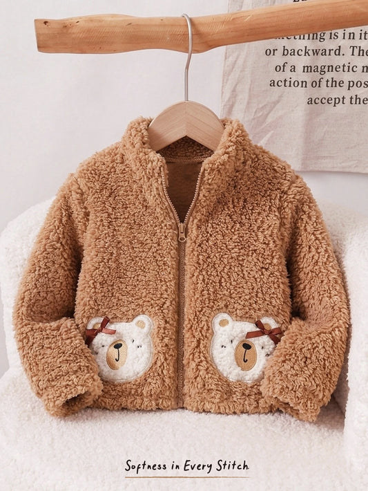 Knitted Cute Faux Fur Bear Pattern Cardigan Jacket