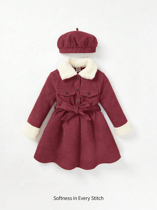 Mummy & Mee Cozy Pixies Baby Girl Borg Collar Belted Corduroy Dress With Hat 9-12M