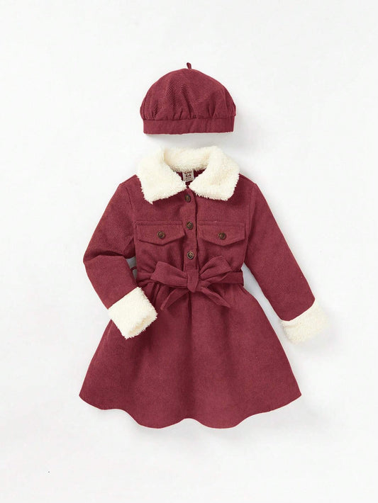 Mummy & Mee Cozy Pixies Baby Girl Borg Collar Belted Corduroy Dress With Hat