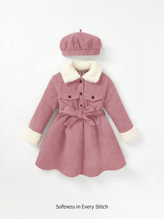 Baby Girl Borg Collar Flap Detail Belted Dress With Hat