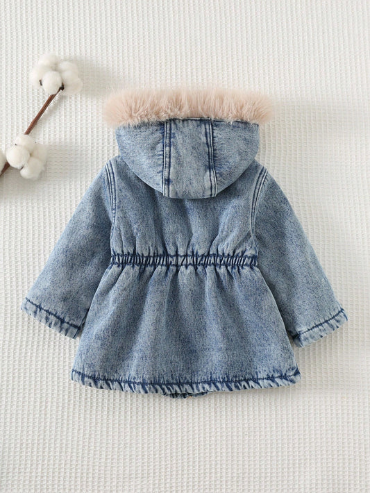 Mummy & Mee Baby Girl Denim Thermal Lined Long Sleeve Hooded Parka Jacket With Faux Fur Collar