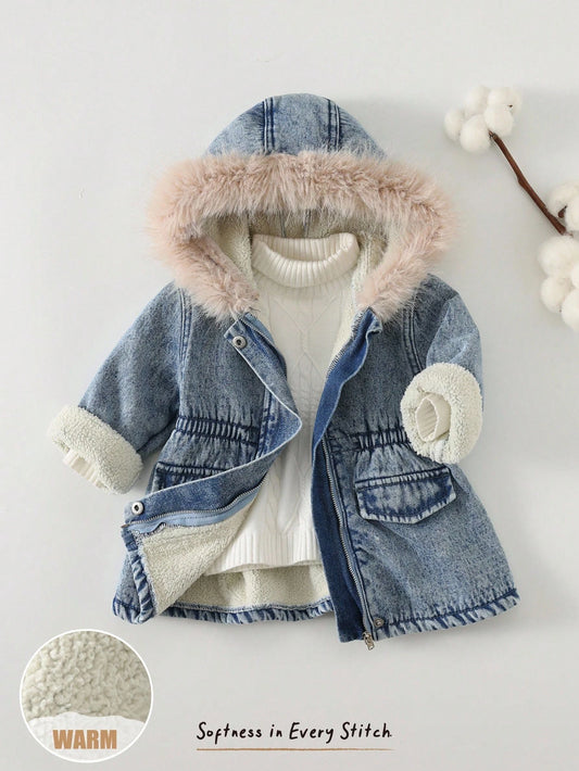 Mummy & Mee Baby Girl Denim Thermal Lined Long Sleeve Hooded Parka Jacket With Faux Fur Collar 18-24M