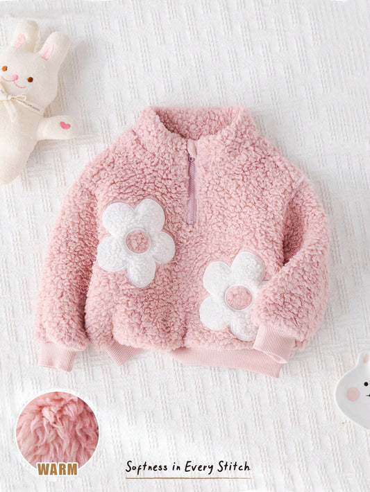 Floral 3D Graphic Stand Collar Long Sleeve Half-Zip Fleece Pullover Sweatshirt-S