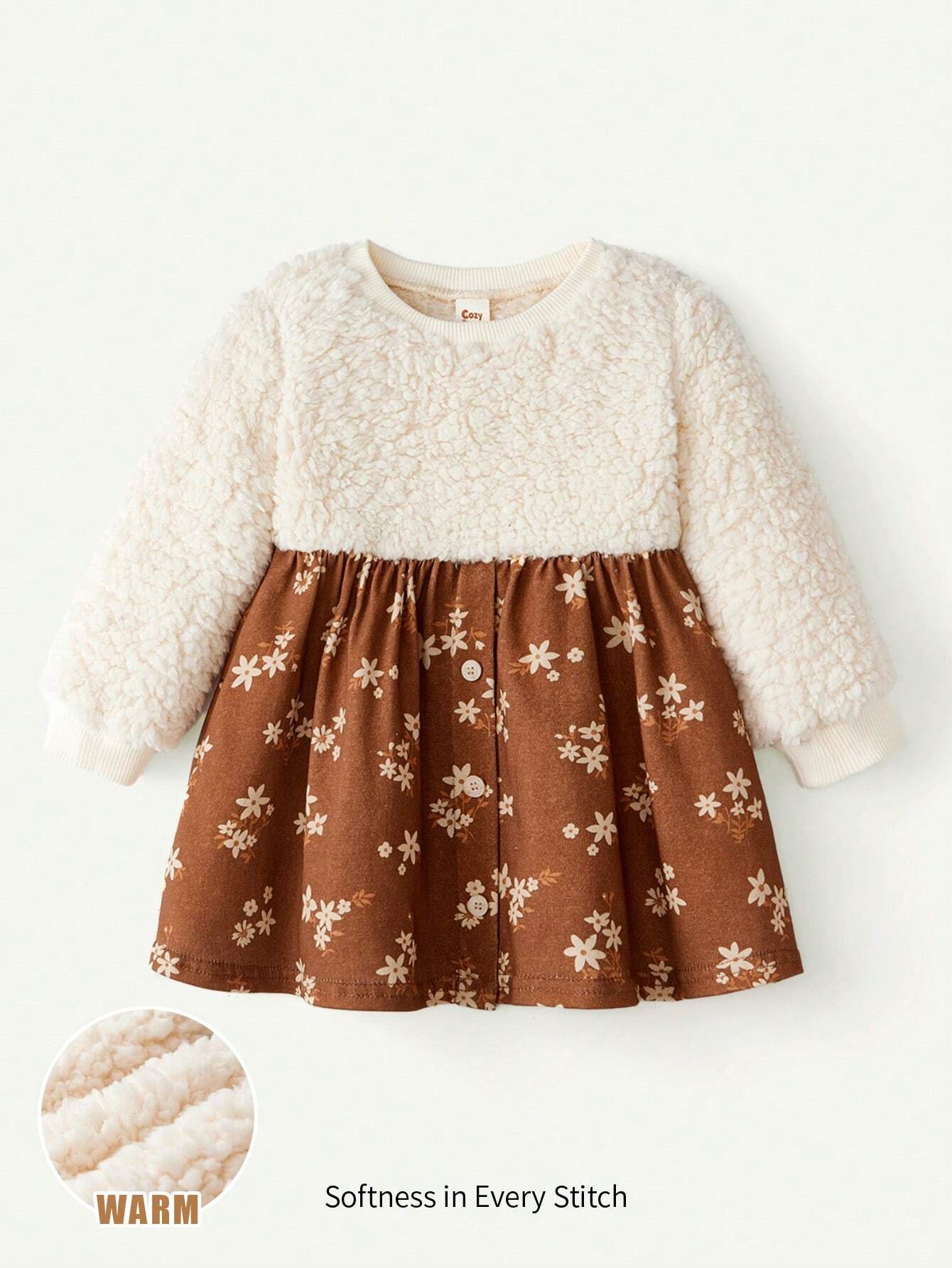Cozy Pixies Baby Girl Floral Knit Cozy Crew Neck Long Sleeve Dress Multicolor