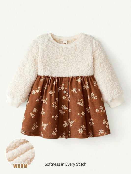 Cozy Pixies Baby Girl Floral Knit Cozy Crew Neck Long Sleeve Dress Multicolor
