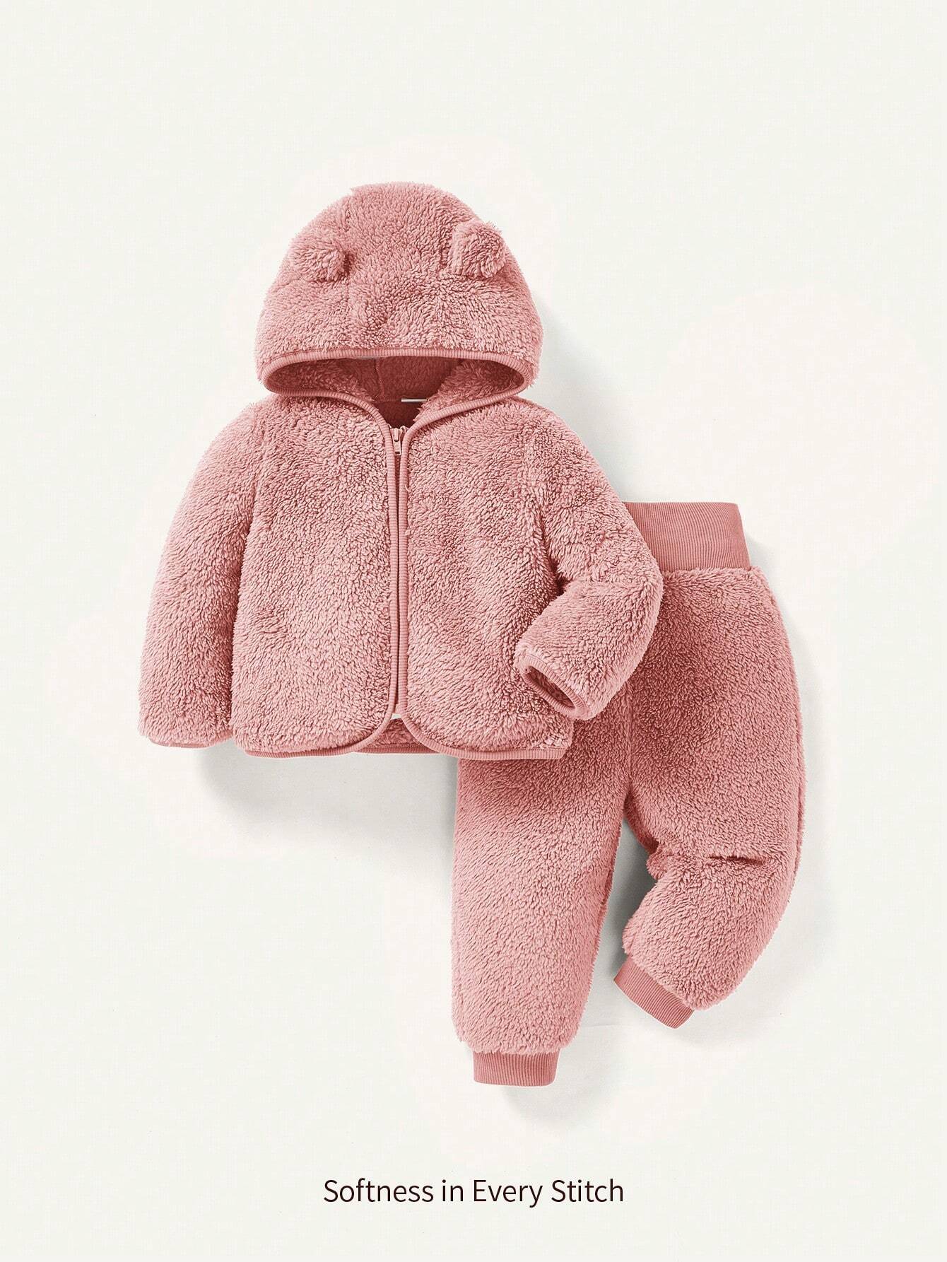 Cozy Pixies 2pcs Baby Girl Hooded Fleece Jacket And Thick Pants Set Dusty Pink